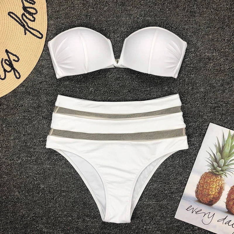 2024 New Sexy High Waist Bikini Women Mesh Swimsuit Push Up Swimwear Off Shoulder Bikini Set Solid Bathing Suit Summer Beachwear