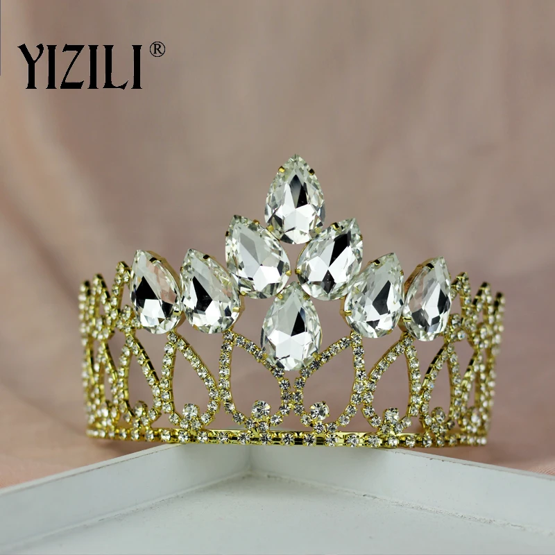 YIZILI Luxury Vintage Big Wedding Crown Headband Bridal Tiara Crystal Hair Accessories Full Rhinestone Claw chain party C059