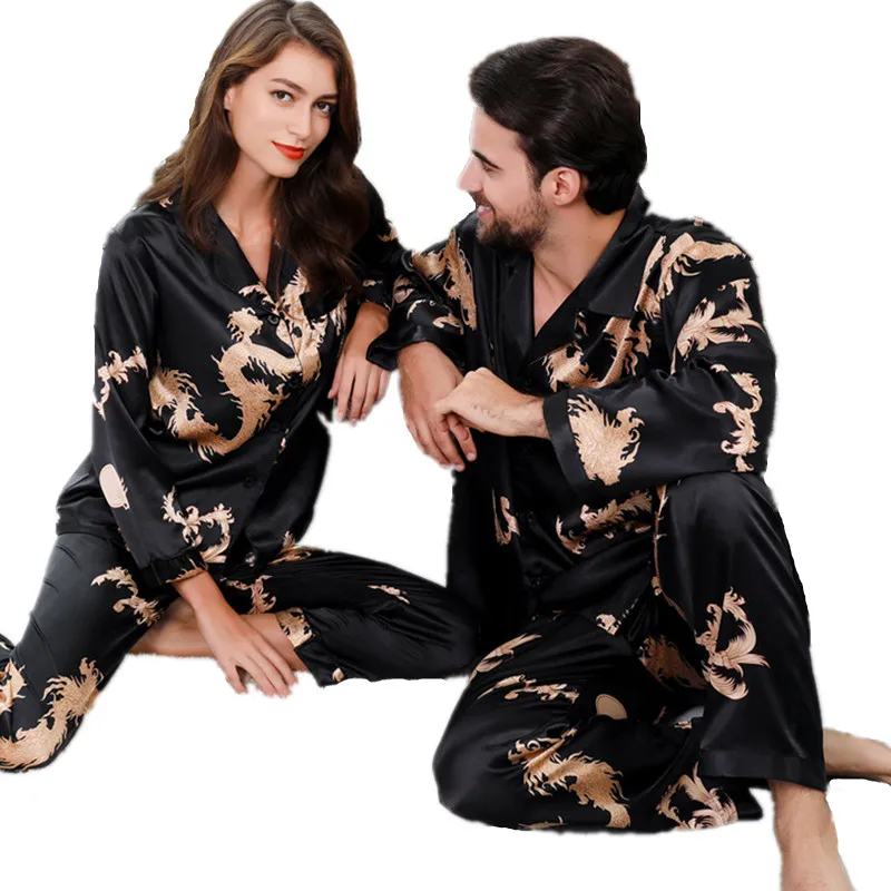 Two-Piece Satin Pyjama Set for Couples, Dragon Pattern Nightwear, Rayon Home Clothes, Long Sleeve, Chinese Style