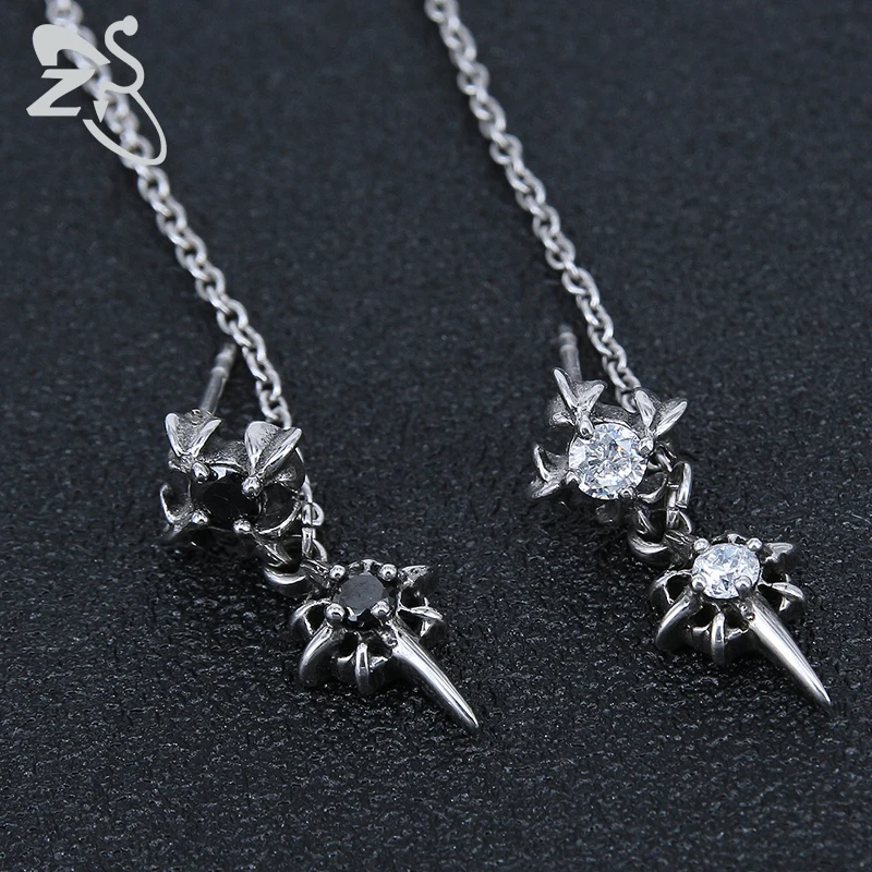 ZS Double Cross Punk Chain Tassel Stud Earrings for Men Gothic Rock Ear Piercing Jewelry Male Biker CZ Zirconia Earrings Jewelry
