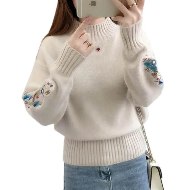 Winter Thick Warm Beautiful Embroidery Turtleneck Sweater Women Long Sleeve Knit Pullover Sweater Female Pull Femme sweaters