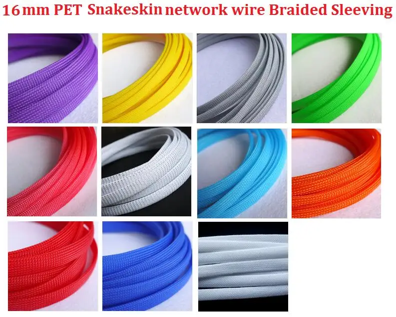 100M Cable Sleeves 16mm 10 Colors Snakeskin Mesh Wire Protecting Nylon Tight PET Expandable Insulation Sheathing Braided Sleeves