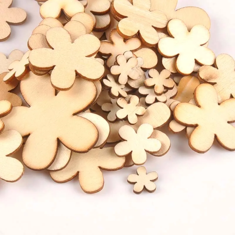 100pcs Natural Flower Wood DIY Crafts For Handmade Sewing Scrapbooking Home Decoration Wooden Ornament 15/20/25/35mm M0699