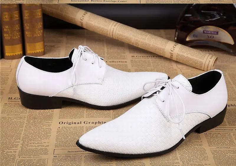 genuine leather mens business shoes for man black white lace up men dress shoes flats pointed toe office party wedding oxfords