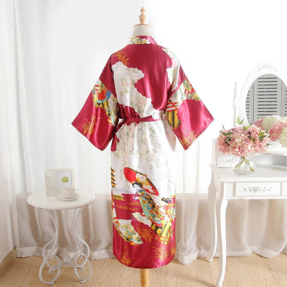 Novelty Printed Long Style Women Kimono Robe Vintage Printed Nightgown Bathrobe Satin Sleepwear Robe Bath Sleepwear Robes