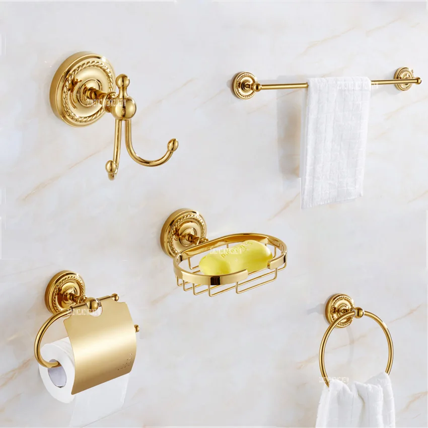 

Luxury Gold Copper Bathroom 5 Accessories Hardware Sets Clothes Hook Soap Net Toilet Paper Stand Single Towel Rack Towel Ring