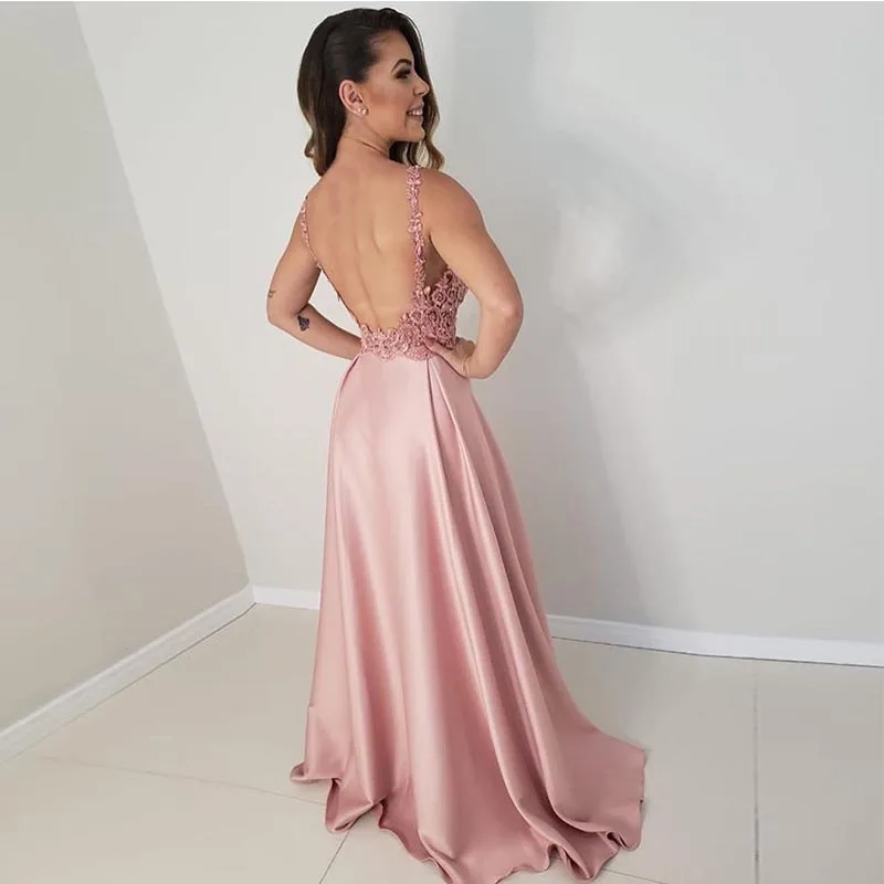 Sexy Pink Evening Dress V-neck Appliques Sleeveless A-line Front Split Long Formal Evening Party Dresses Backless Robe De Soiree