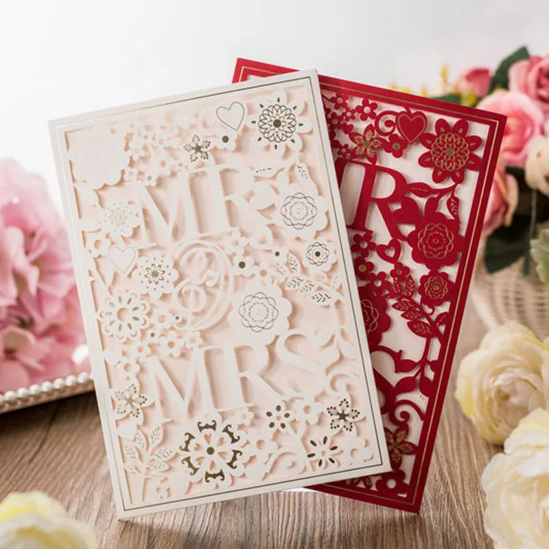 50Pcs White Red Laser Cut MR And MRS Marriage Wedding Invitation Card Hollow Customized Printing Invitation Card Party Supplies