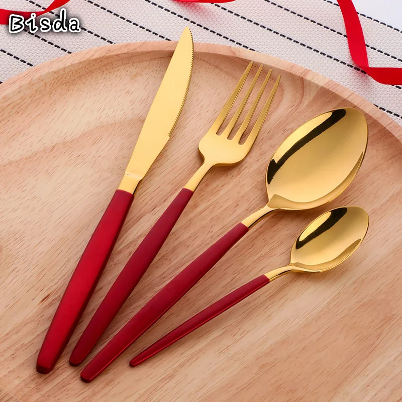 

4Pcs/Set China Red Table Gold Cutlery Set Stainless Steel Dinnerware Elegant Flatware Knife Fork Spoon Set Kit Dinner Tools