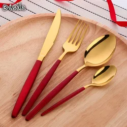 4Pcs/Set China Red Table Gold Cutlery Set Stainless Steel Dinnerware Elegant Flatware Knife Fork Spoon Set Kit Dinner Tools