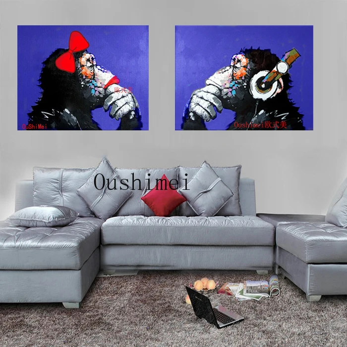 

Hand Painted Modern Abstract Animal Funny Couple Monkey in Love Wall Art Home Decoration Knife Oil Painting on Canvas for Kids