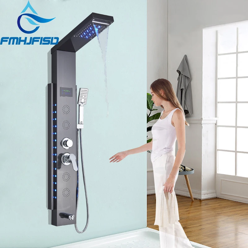 Panel de ducha de baño de níquel cepillado, columna de torre con pantalla Digital con Jets de masaje corporal, columna de ducha de torre, pantalla de temperatura