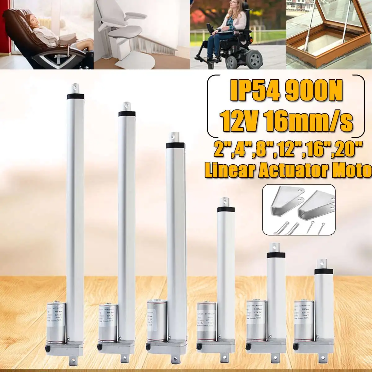 2 4 8 12 16 20 inch 900N 12V 16mm / s Small DC Electric Push Rod White Material Aluminum Alloy Linear Actuator Motor