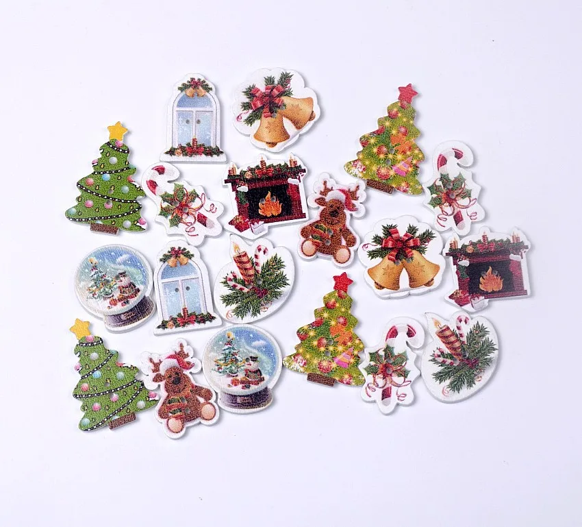 Free shipping -2015 Christmas New 100pcs Random Mixed 2 Holes Cartoon Christmas Wood Sewing Buttons Scrapbooking 19-35mm J1576