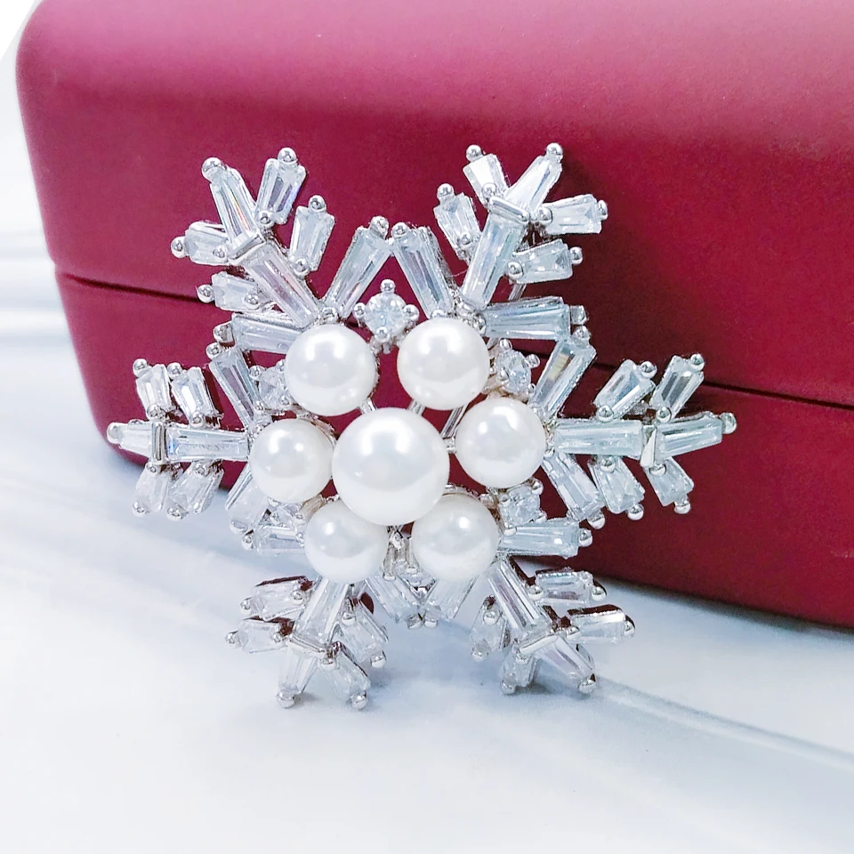 Snowflake Broche Fashion Jewelry High Quality Vintage Brooch Pin Austria Crystal Imitation Pearl Flower Brooch Wedding Accessory