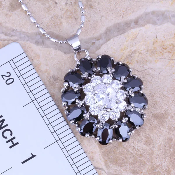 Wonderful Black Cubic Zirconia White CZ Silver Plated Jewelry Sets Earrings Pendant Ring Size 6 / 7 / 8 / 9 / 10 S0428