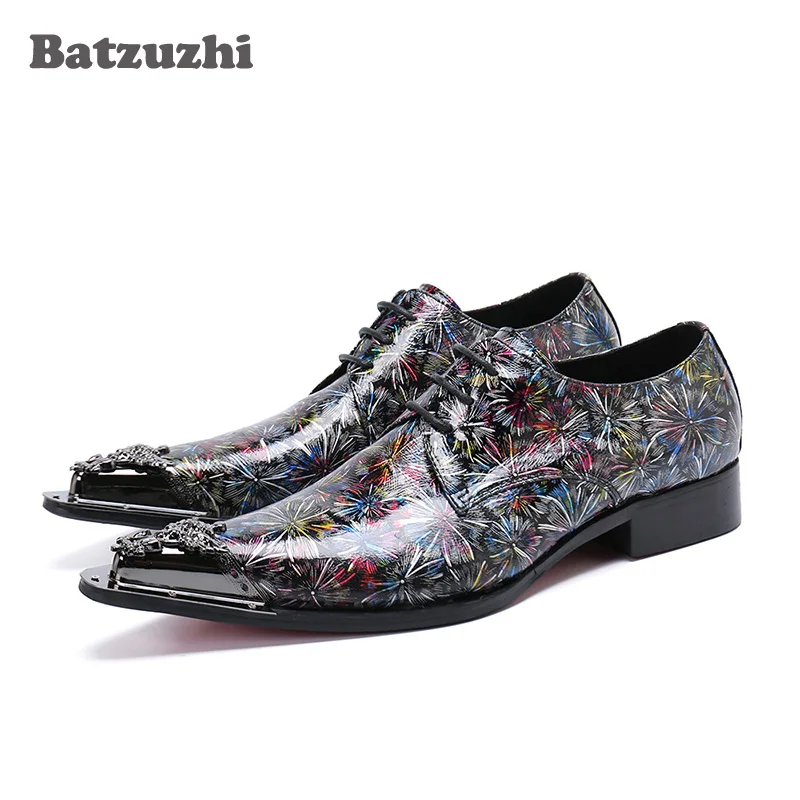 

Batzuzhi Italy Style Men Shoes Pointed Metal Tip Color Leather Dress Shoes Men Formal Lace-up zapatos de hombre Party Footwear!