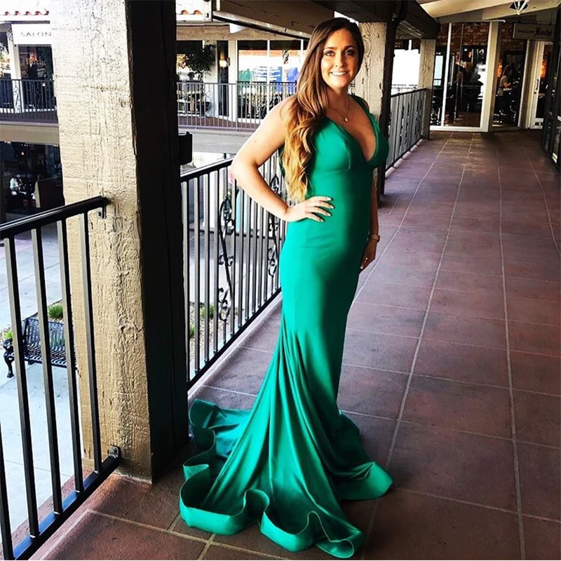 Sexy Com Decote Em V Sereia Vestidos de Noite Verde Escuro Elastic Cetim Backless Prom Vestidos Longos 2019 Nova Mulheres Evening Formal Vestido de Festa