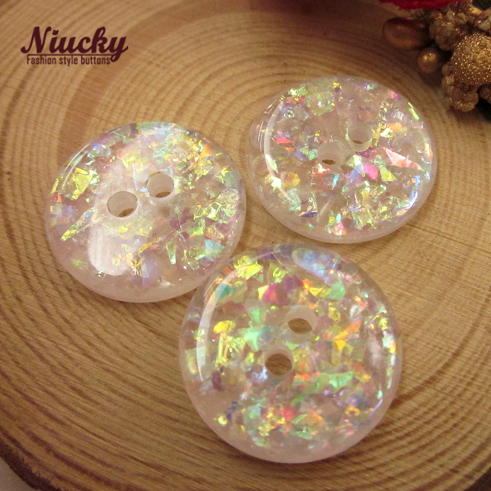 Niucky-Transparent Colorful Buttons for Sewing, Paillette for Bread Coat, Clothing Button Supplies, Good Fashion, 20mm, 2 Holes