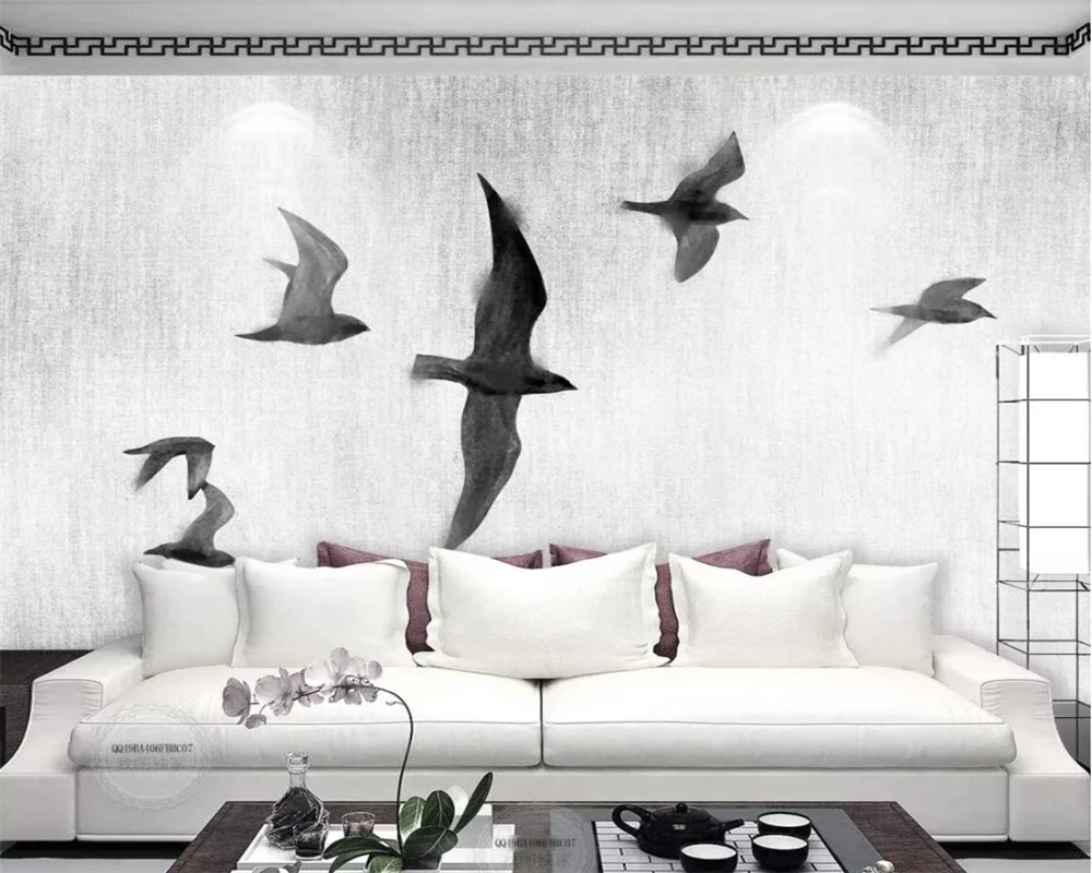 

Beibehang Custom wallpaper Chinese style hand-painted geese flying birds black and white Nordic sofa TV background 3d wallpaper