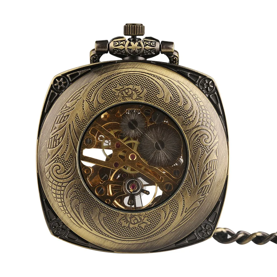 SHUHANG Bronze Square Shape Open Cover Hand Winding Mechanical Pocket Watch Casual Skeleton Dial Men Watches Vintage Clock Chain