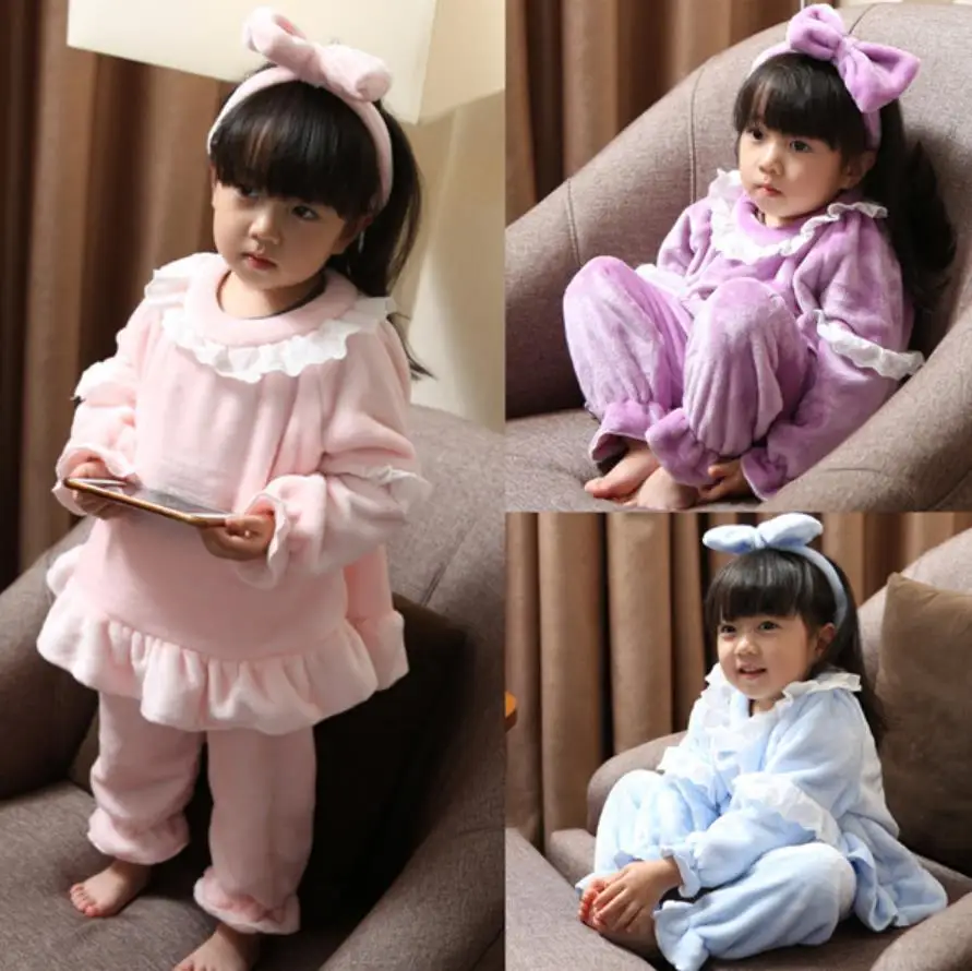 Winter new baby girl lace fashion  fleece sleeping suit children princess long sleeve flannel pajamas sets free headband ws167