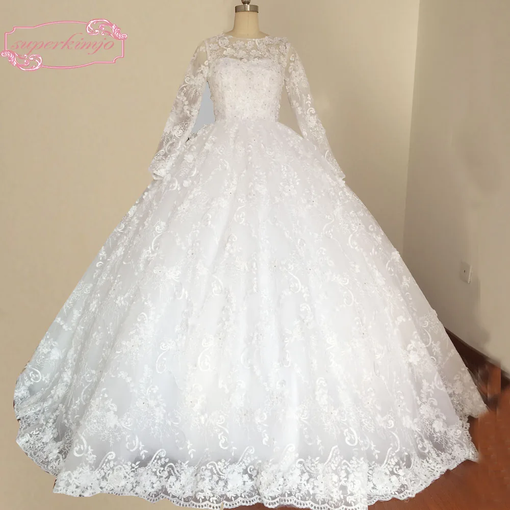 Custom Make 2020 Bridal Dress Lace Sheer Crew Neckline Hand Made Flowers Long Sleeve Ball Gown Wedding Dresses Real Picture