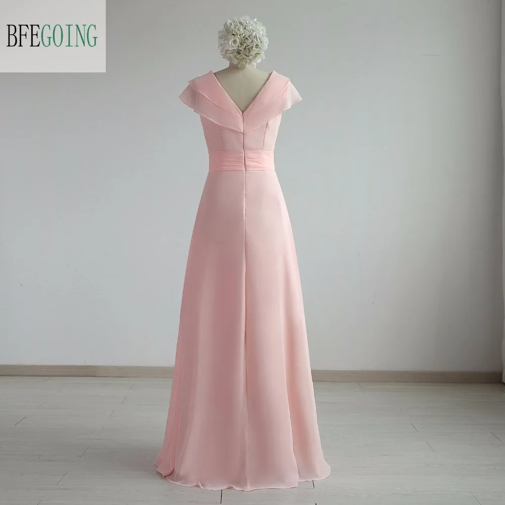 Pink Chiffon A-Line Bridesmaid Dress Floor-Length V-Neck Cap Sleeves  Real/Original Photos Custom Made