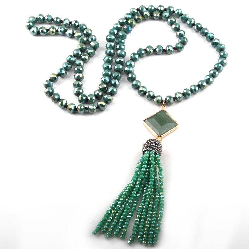 Fashion Bohemian Jewelry Red/Green Glass Crystal Knotted Crystal Tassel Necklaces For Women Ethnic Necklace