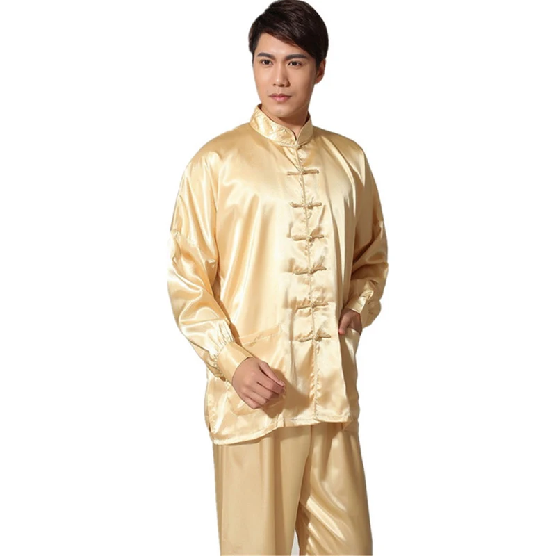 Ensemble de pyjama en satin doré pour hommes, pyjama à boutons de style chinois, vêtements de nuit doux imbibés, chemise et chemise de nuit