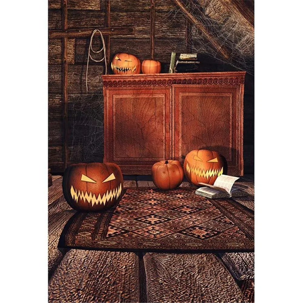 

Indoor Room Pumpkin Lanterns Halloween Photography Backdrops Vinyl Brown Cabinet Kids Children Photo Background Wooden Floor