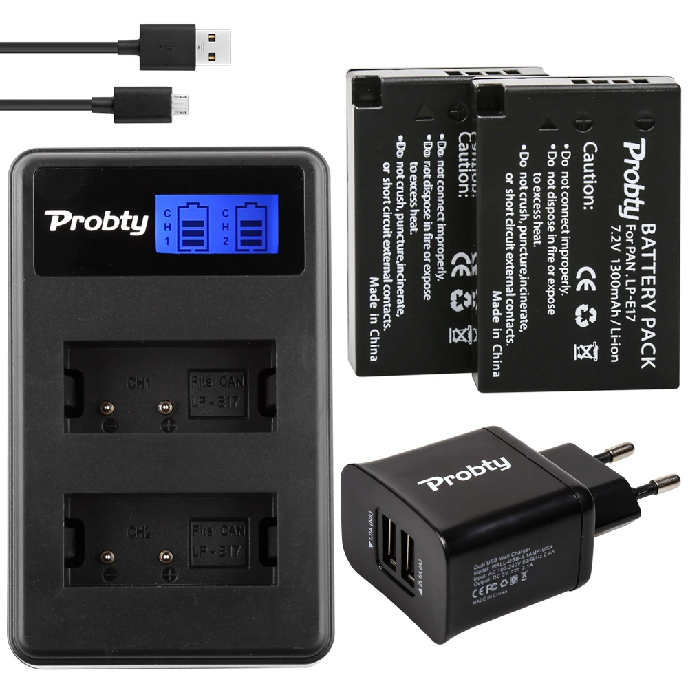 

PROBTY 2PCS LP-E17 LPE17 LP E17 Battery + LCD Charger + 2-Port USB Plug for canon EOS Rebel T6i 750D T6s 760D M3 8000D
