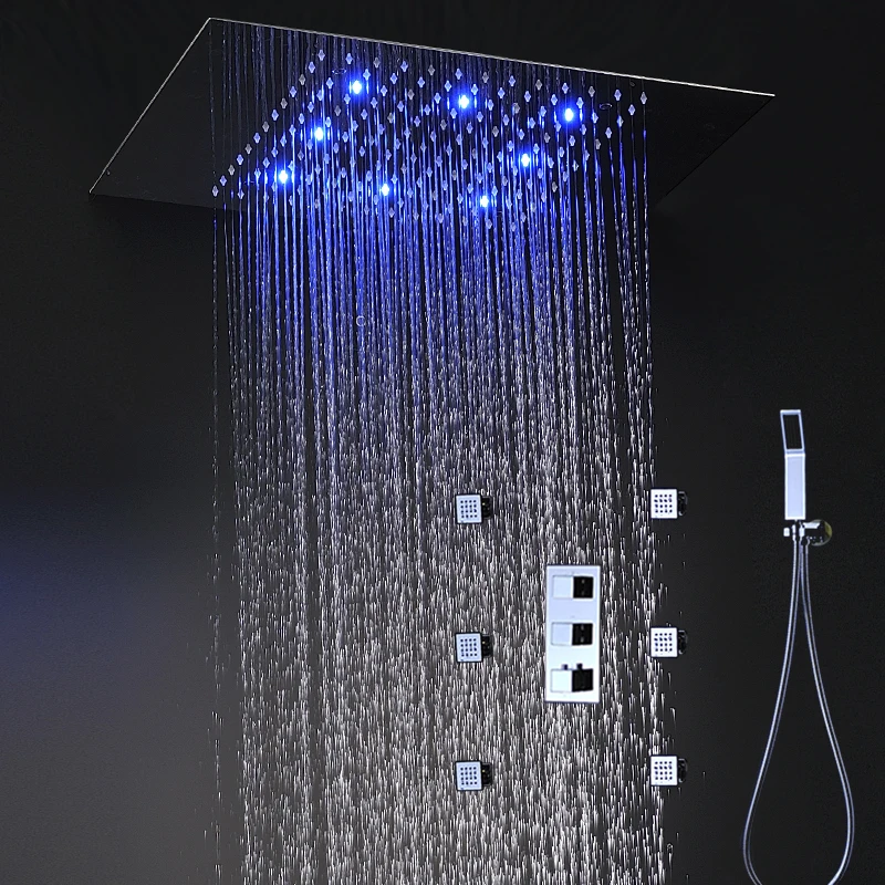 

2024 Luxury Concealed Ceiling LED Big Rainfall Massage Shower Panel Set Body Jets Spray Thermostatic Mixer Bath Faucets