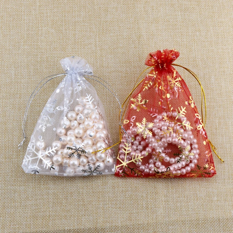 Free Shipping 100pcs Small Organza Bags 10x14cm Christmas Candy Jewelry Packaging Bags Cute Snowflake Design Drawstring Gift Bag