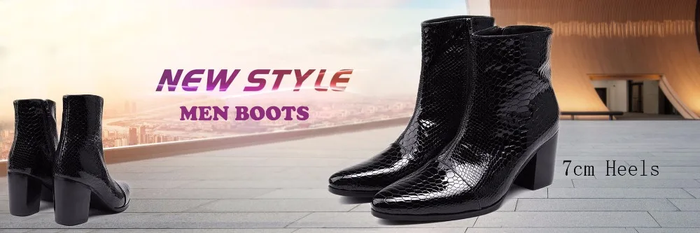 New 7.5cm High Heel Men Shoes Pointed Toe Black Patent Leather Dress Ankle Boots Men Party Zapatos De Hombre, Big Sizes 38-46