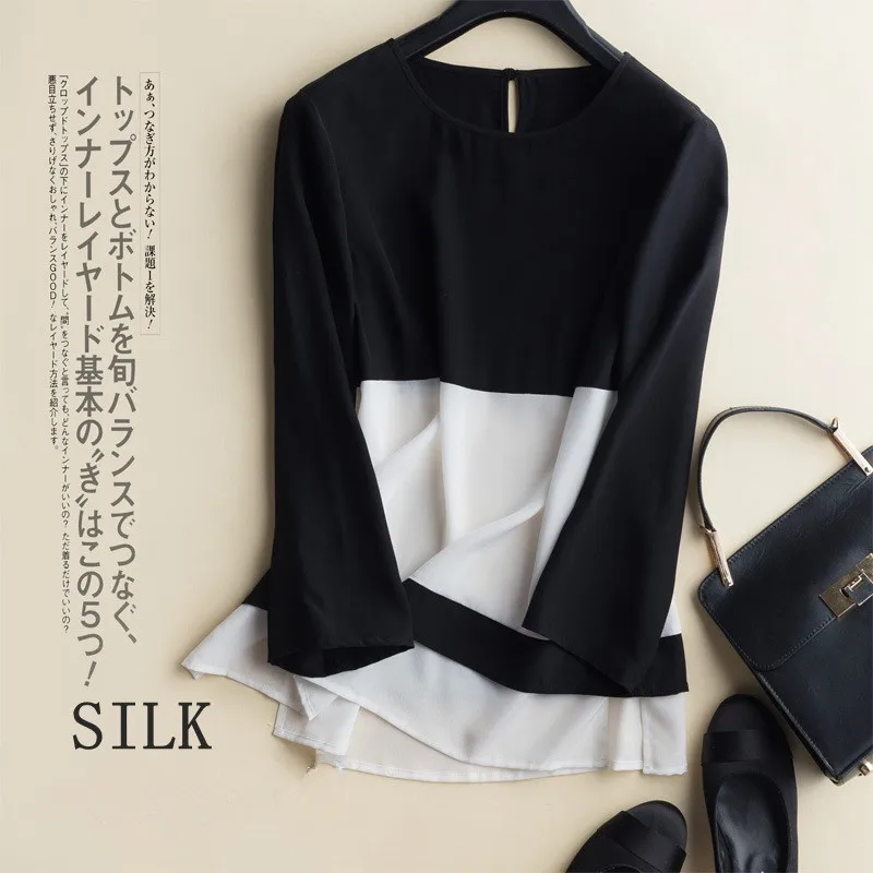 2019 Spring Nature Silk Long Sleeves Black and White Splicing T-shirt bottoming shirt Round neckline Women's Loose Jacket Top