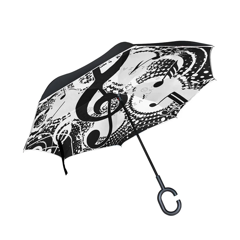 

Music Note Windproof Reverse Folding Double Layer Inverted Umbrella Self Stand Inside Out Rain Protection C-Hook Hands For Car