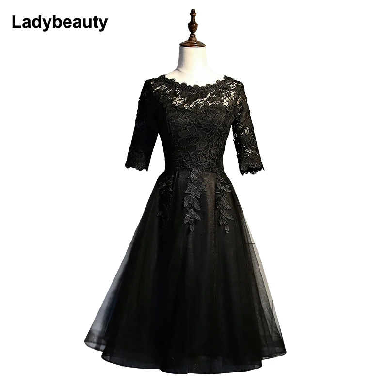 

Ladybeauty short Evening Dress Elegant Black Half Sleeves Black lace A Line Robe De Soiree Party Prom Dress