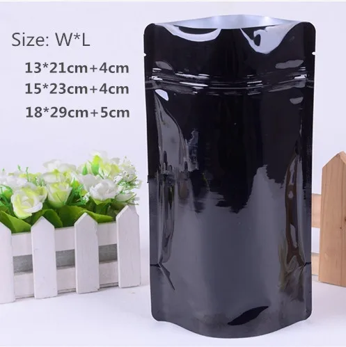 

50pcs/lot-13*21cm,15cm*23cm,18*29cm 270mic Glossy Black Aluminizing Bags Stand Up Zip Lock Food Powder Candy Party Gift Bags