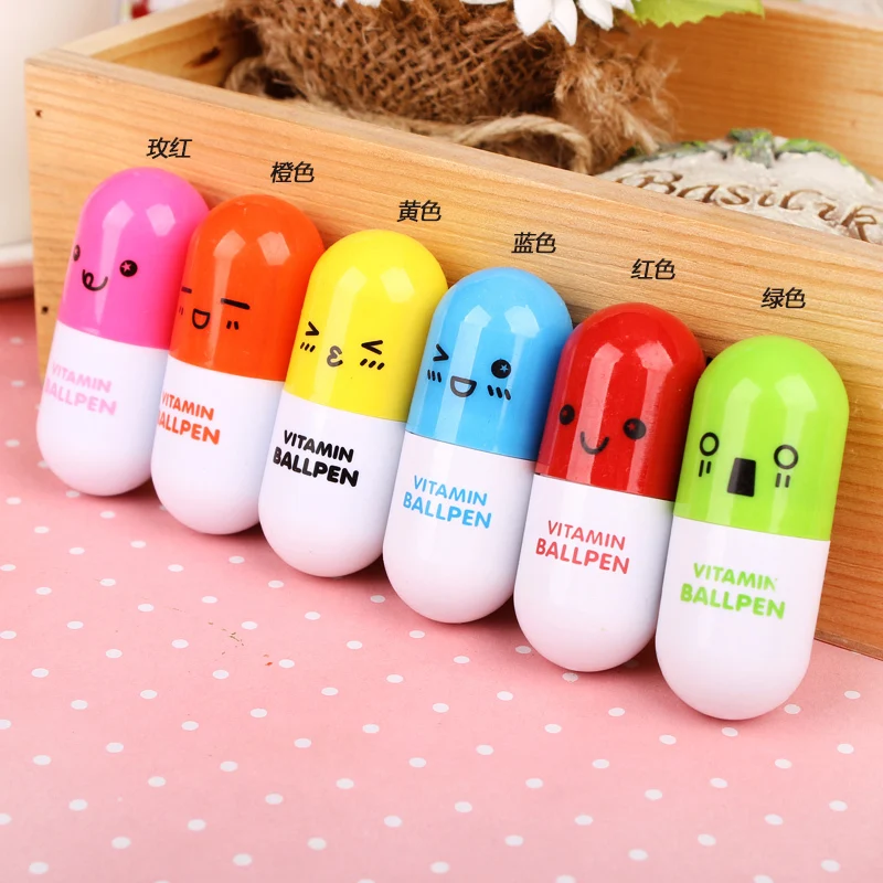 

QSHOIC 100pcs/lot cute expression retractable pills ballpoint capsule pen telescopic pen gifts wholesale gift capsule pen