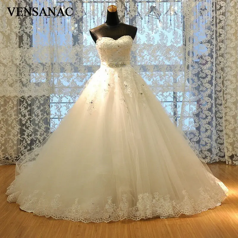 

VENSANAC Strapless Ball Gown Wedding Dresses Luxury Crystal Sash Lace Appliques Court Train Bridal Gowns