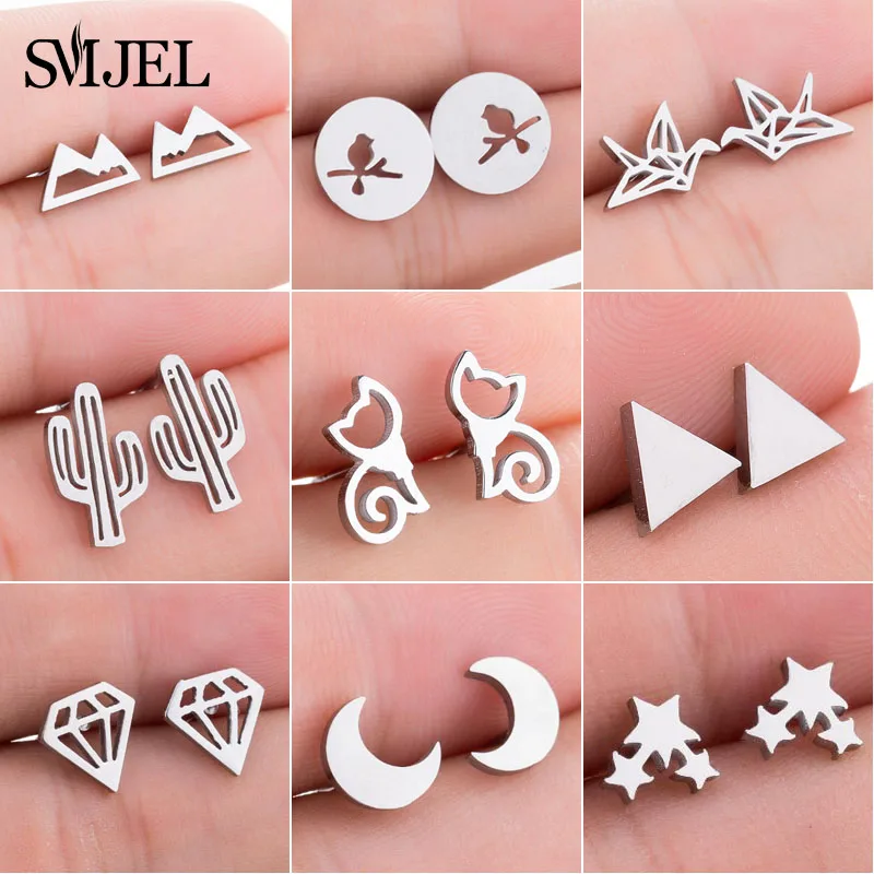 SMJEL Fashion Cute Animal Stud Earrings for Women Girls Stainless Steel Jewelry Cat Moon Star Earings Jewelry Accessories Gifts