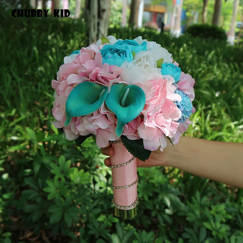 100% Hi-Q Romantic Bridal Bouquets Handmade Artifical Flower Bouquet Wedding Bridal bouquet Ramo Novia pink & blue color bouquet