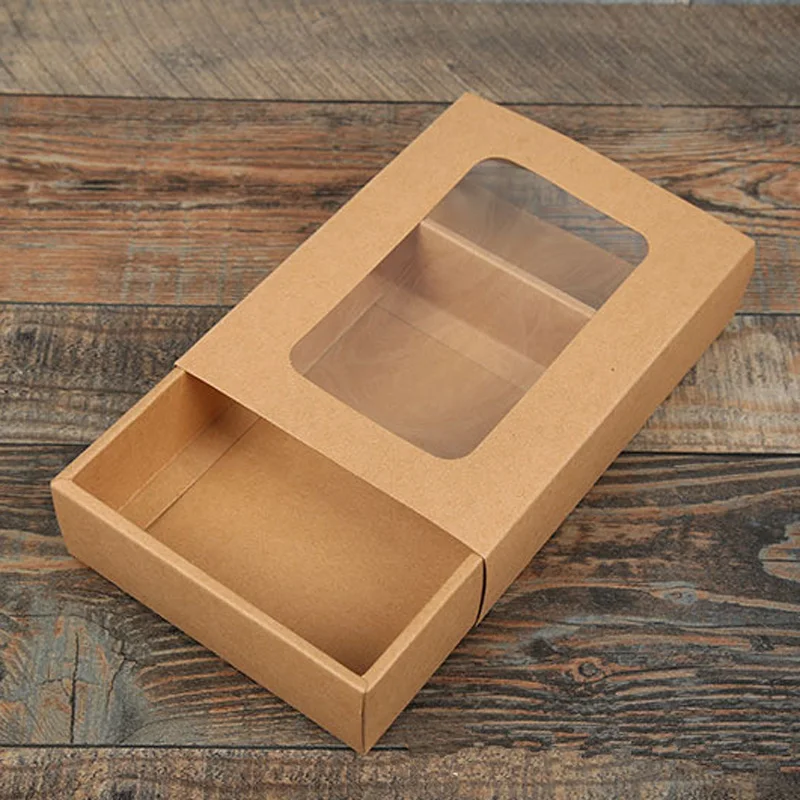 100Pcs/Lot 18.5*14*4.5cm Kraft Paper Gift Boxes Kraft Packaging Box With Window kraft Paper Socks Box Handmade Drawer Gift Boxes