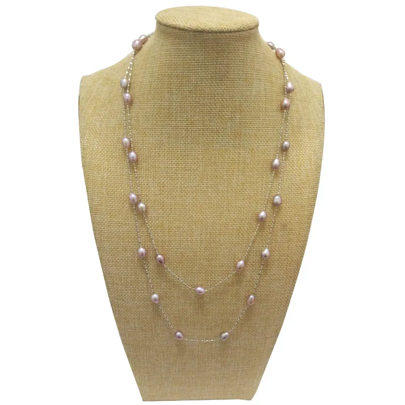 Wholesale 47 inches 7-8mm Natural Lavender Rice Pearl Long Chain Tin Cup Necklace