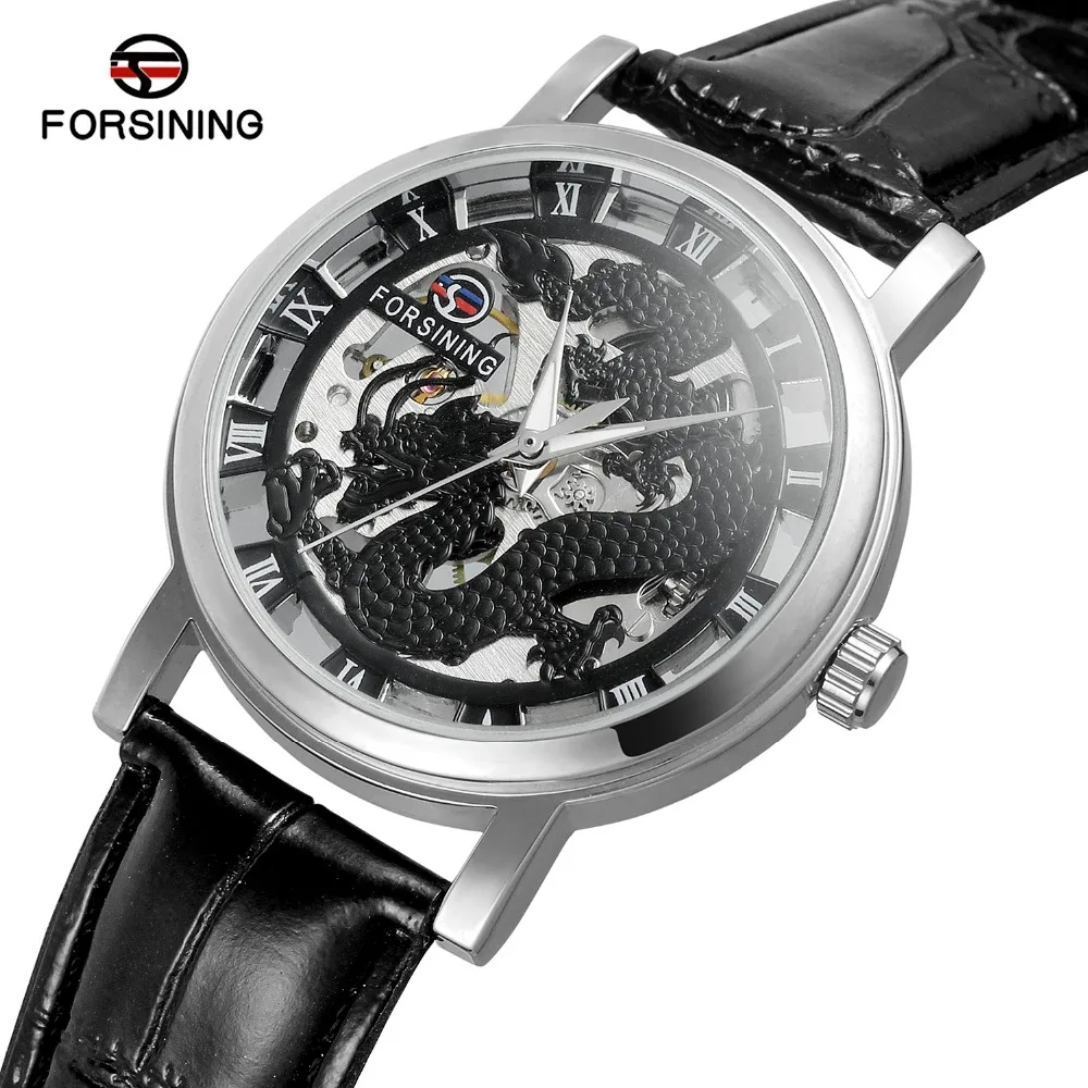 Fashion FORSINING Men's Top Brand Modern Design Hand Wind Movement Export Vintage Skeleton Dial Leather Strap Dress Wristwatch