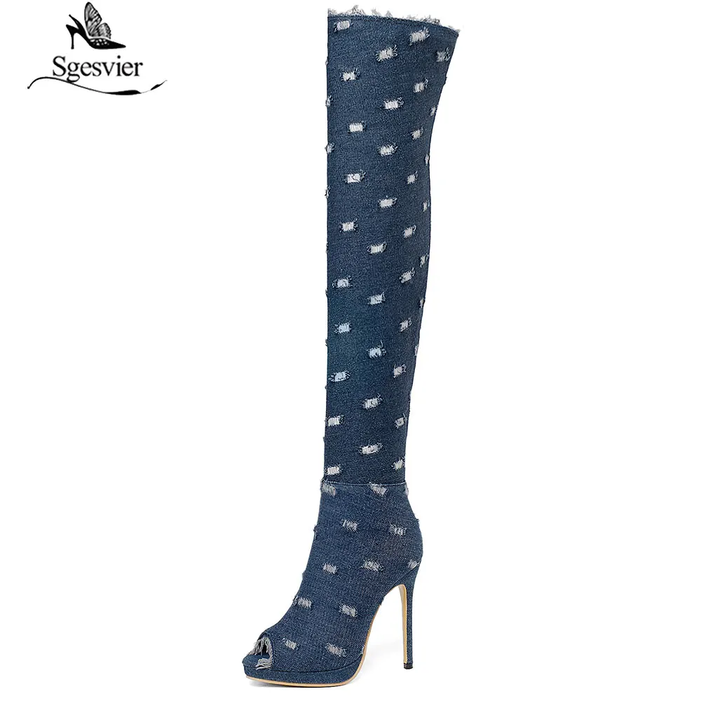 Sgesvier Stivali Donna estate autunno peep toe stivali Sopra Il Ginocchio Stivali di Alta qualità dei jeans elastici stivali moda tacchi alti