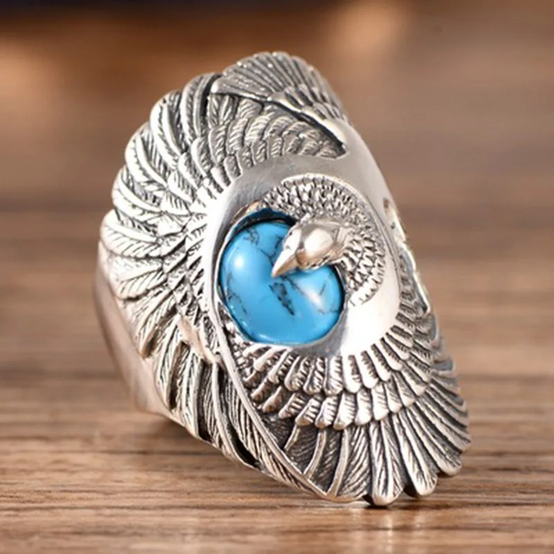 100% Real 925 Sterling Silver Ring with Natural Turquoises  Hand Carved Eagle Wings Rings for Unisex Thai Silver Jewelry