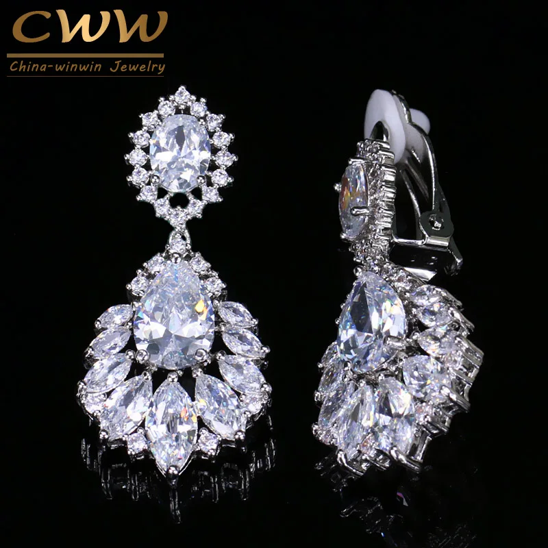 CWWZircons Gorgeous Silver Color Dangle Drop CZ Zirconia Women Long Clip On Earrings for No Pierced Hole Ears CZ006