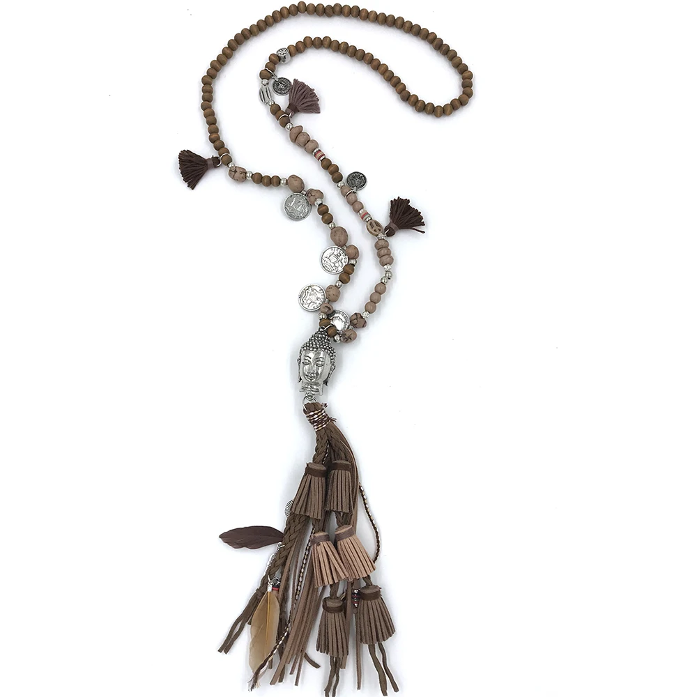 New vintage wooden beads long fringe tassel pendant necklace Indian Buddha pendent necklace Tibetan Buddhism ethnic necklace